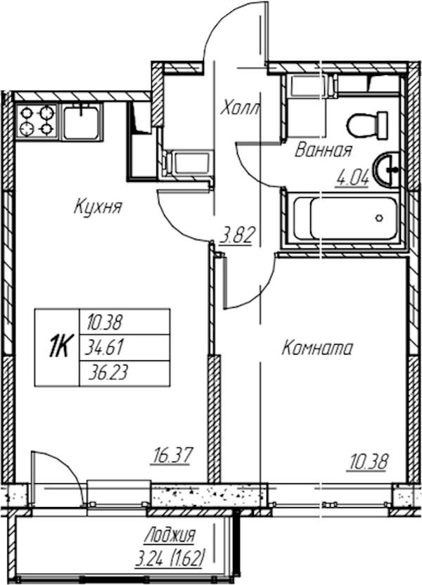 1-комнатная квартира 36.23 м², 4/22 эт., ЖК «Парк-квартал Юнтолово»
